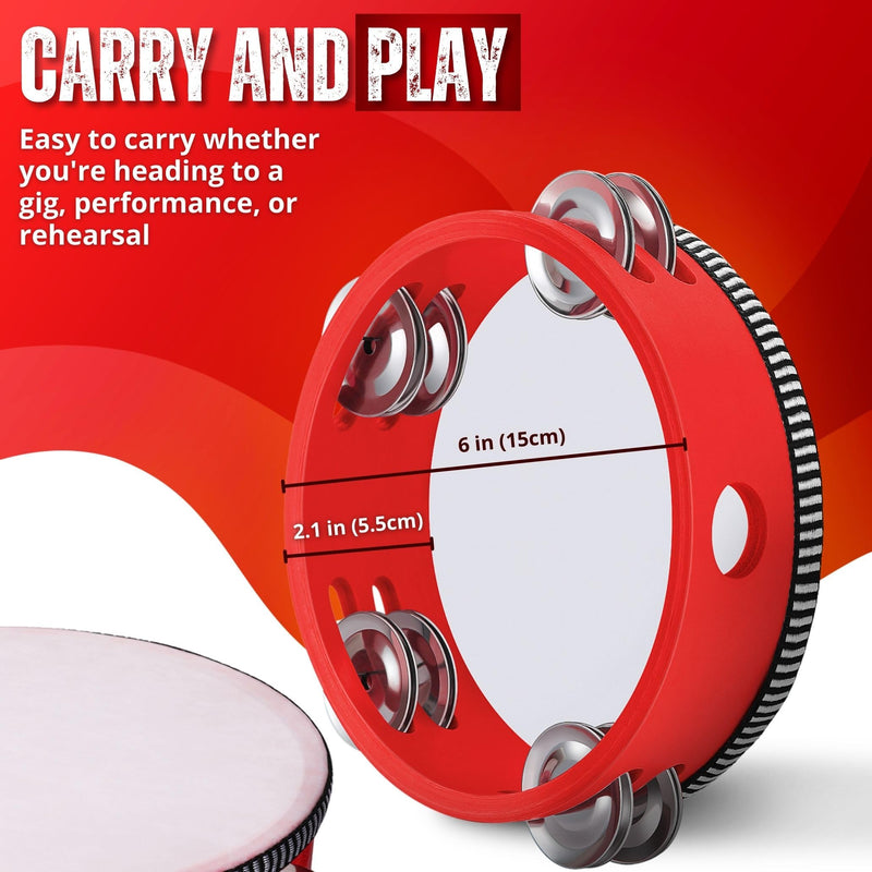 Flexzion Wood Handheld Tambourine Adults 6-Inch Double Row 8-Pair Jingles (Red) - Percussion Round Tamborines Musical Instrument with Metal Zills 6 Inch Double Row - Red