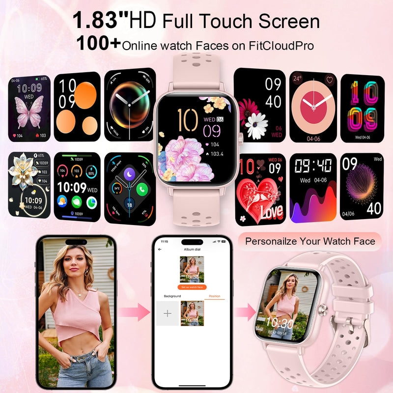 Smart Watches for Women,1.83" HD Watch with Calls and Messages/Heart Rate/Sleep/Female Cycle,Fitness Tracker Smartwatch for Android/iOS Compatible,Gold & Pink