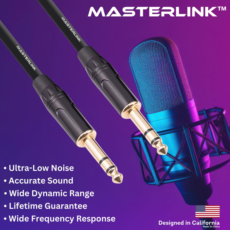 MASTERLINK 1/4 Inch TRS Instrument Cable 20 FT | Gold Connectors, Balanced 6.35mm Male to Male Jack Stereo Audio Balanced Line for Synths, Keyboard, Mixer, Amplifier, Speakers, Electric Bass Guitars 20FT