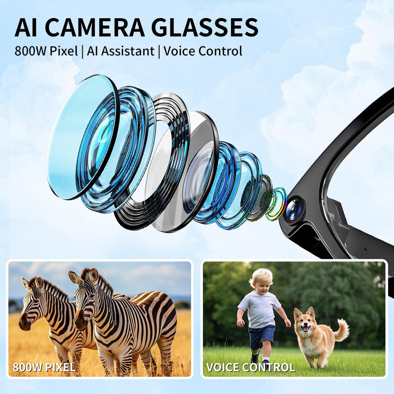 AI Translation Smart Glasses with Built-in AI Assistant & 800W Camera, ENC Noise Cancelling, USB-C Fast Charge for International Travel and Business Meetings Black