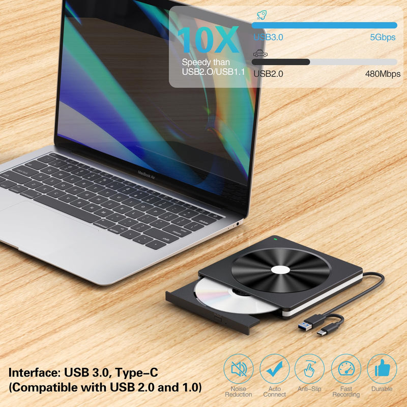 [AUSTRALIA] - External CD/DVD Drive for Laptop, USB 3.0 CD DVD +/-RW Burner CD ROM External DVD Drive CD Reader DVD Player for Laptop PC Mac MacBook Desktop Windows 11/10/8.1/7 Linux Blackwhite 