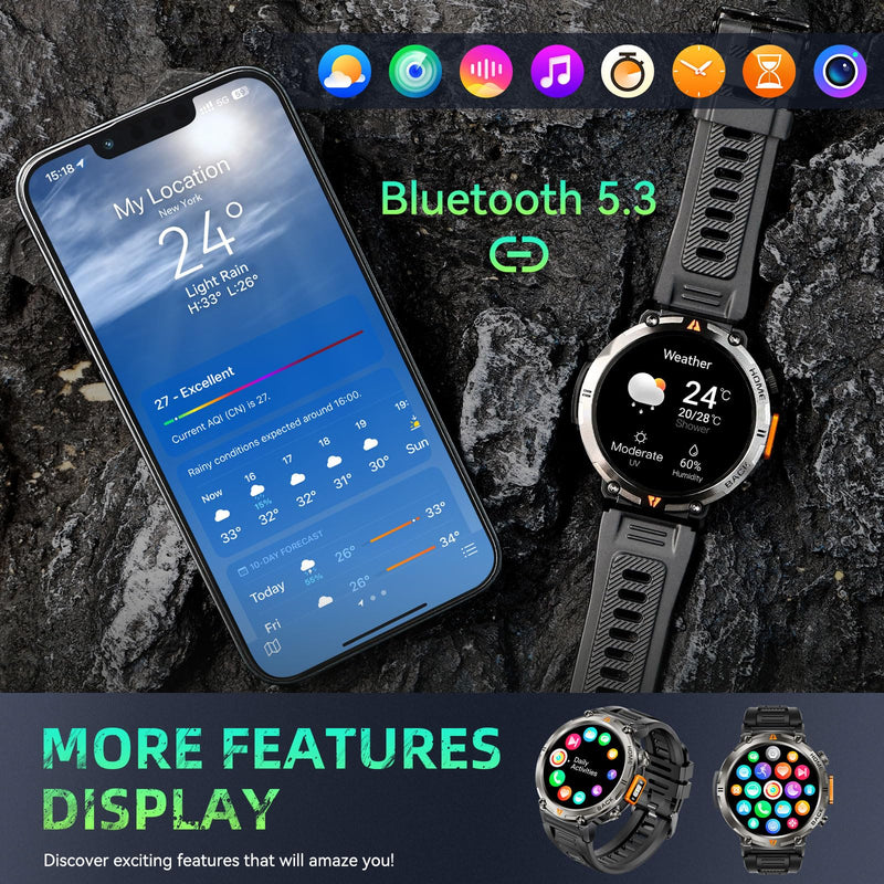 Military Smart Watches for Men Built-in GPS 3ATM Waterproof LED Flashlight | 1.45" Rugged Tactical Smartwatch with Compass/110+ Sports Modes Fitness Tracker with HR/SPO2/Sleep Monitor for iPhone Android Black orange