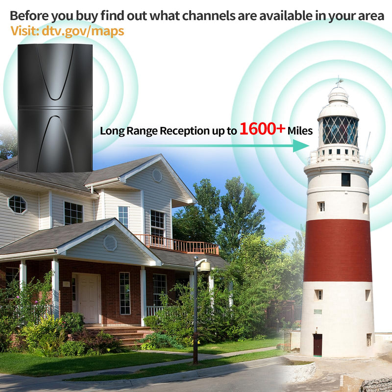 2025 Updated Strongest TV Antenna,1600 Miles Range Indoor/Outdoor Antenna for Smart TV and All Old TV's,360° Reception Digital TV Antenna for Local Channels-Thick Coax Cable and Amplifier HD012