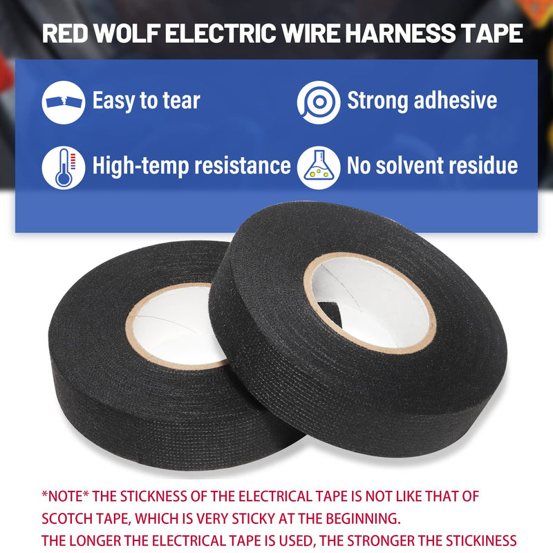 RED WOLF Wire Harness Tape Electric High Temp Wiring Cable Loom Adhesive Fabric Tape for Automobile Electrical Harness Wrap Noise Damping Protection Insulation Cable Fixed 3/4 Inch x 50 FT 2 Pack 2P-3/4" x 50 FT