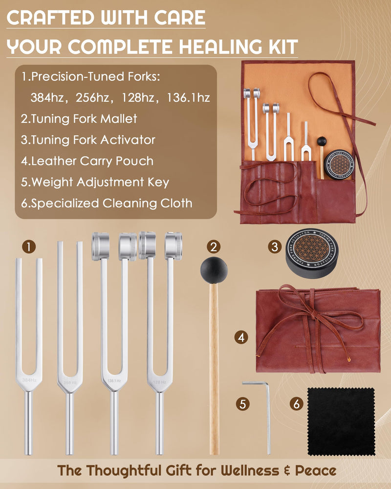 Tuning Forks for Healing Set-128Hz, 136.1Hz, 256Hz, 384Hz Weighted & Unweighted with Activator & Pouch-Complete Sound Therapy Kit for Chakra Balancing, Yoga, Meditation, Stress Relief & Energy Healing