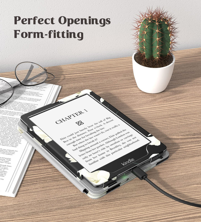 Moko Case for 6.8" Kindle Paperwhite (11th Generation-2021) and Kindle Paperwhite Signature Edition, Slim PU Shell Cover Case with Auto-Wake/Sleep for Kindle Paperwhite 2021, Black & White Magnolia