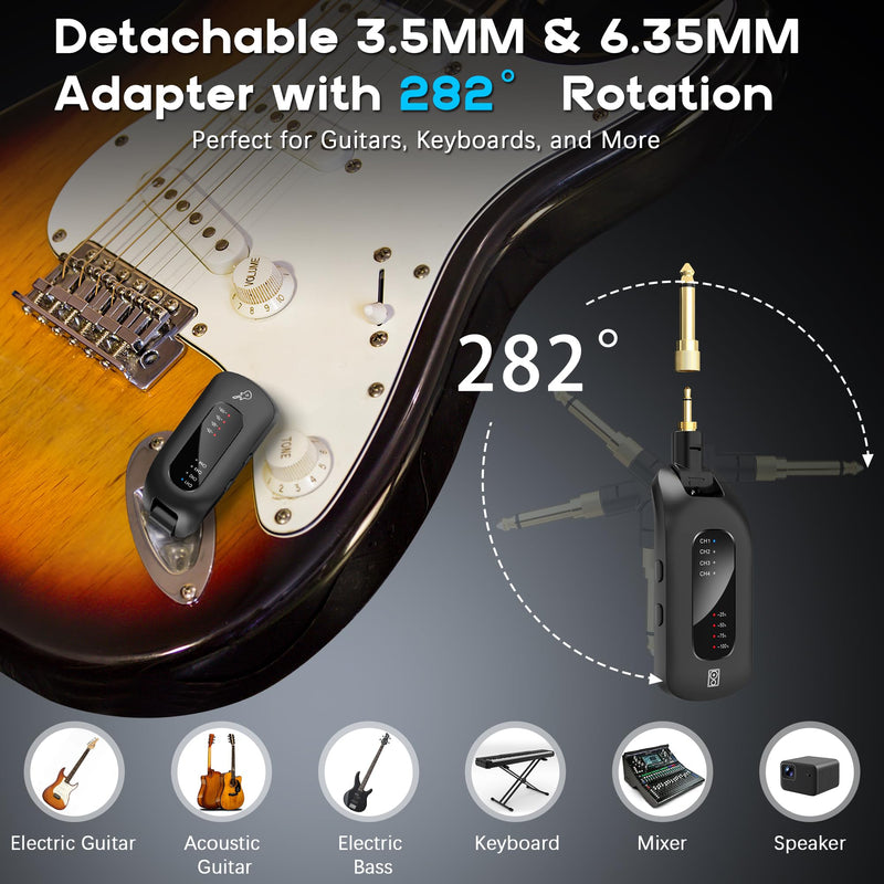 5.8GHz Wireless Guitar Audio System - Rechargeable Transmitter and Receiver with 4 Channels, Low Latency and Over 164ft Long Range Transmission, Compatible Guitar Bass Electric Instruments 5.8GHz