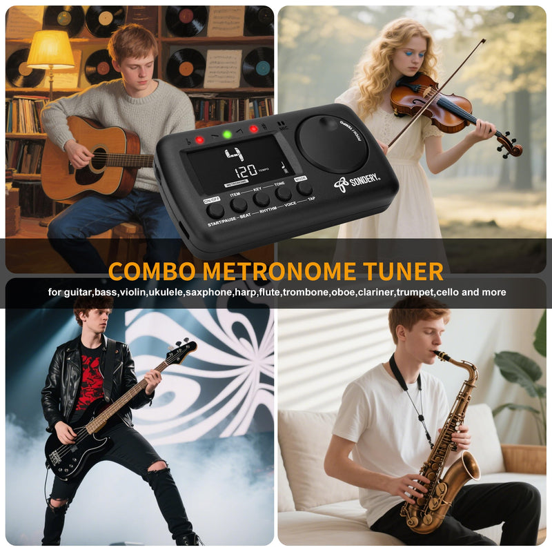 Sondery Digital Metronome Tuner 3 in 1, English Vocal Counting Metronome with Tap Tempo Chromatic Tuner Tone Generator Rechargeable Suitable for All Instruments