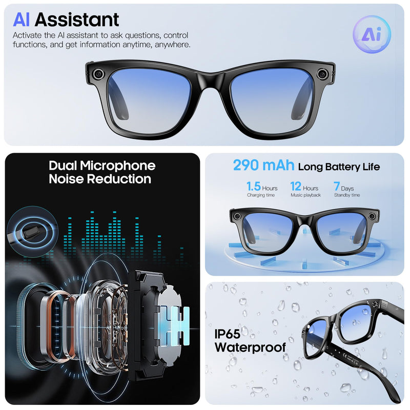 Yowow BIT AI Smart Camera Glasses 8MP Camera for Women Men, 4K Photos & 1080P Video Recording,Anti-Shake, 12H Music/Bluetooth Calls, Real-time Translation/GPT Object Recognition (Anti-Blue Light)
