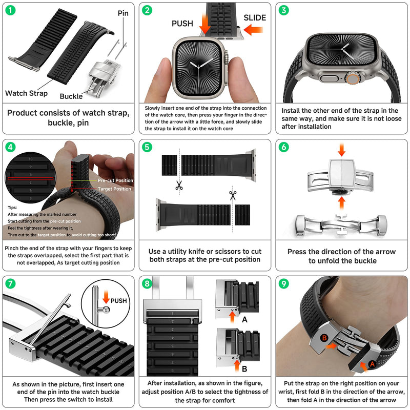 FKM Rubber Band Compatible with Apple Watch Ultra 2 Bands for Men 49mm 46mm 45mm 44mm, Luxury Rugged Silicone Strap with Metal Connector for iWatch Series 10 9 8 7 6 5 4 3 2 1 SE Orange-Silver 49mm/46mm/45mm/44mm/42mm(Series 3 2 1)