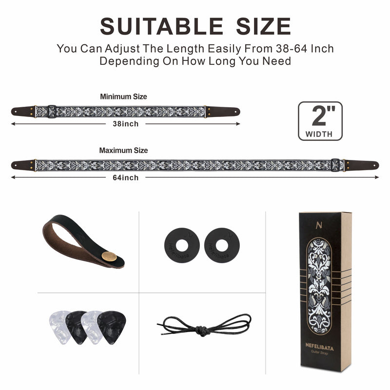 Nefelibata Guitar Strap, 2" Jacquard Embroidery Guitar Straps, Full Grain Leather Ends with Hidden Pocket, for Bass, Electric and Acoustic Guitars, Free Buckle, Strap Lock and Guitar Picks