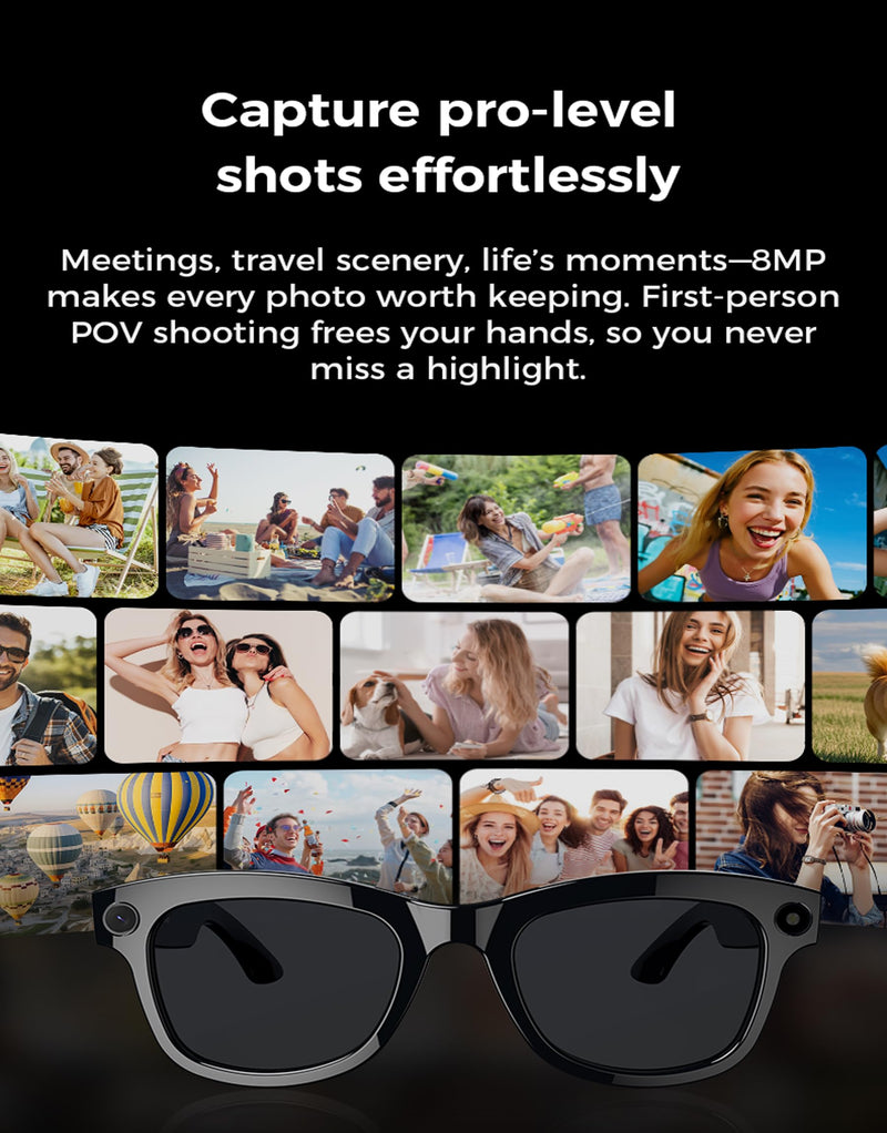Smart Camera Glasses with Real-Time AI Language Translation, UV400 Sunglasses with Video Recording Camera, Men Women Translator Bluetooth Eyewear with Open-Ear Audio for Outdoor Travel Driving Vlog Black