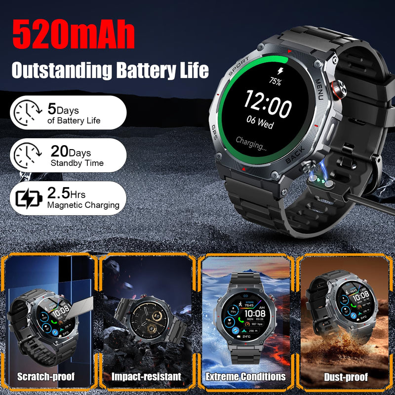 Military Smart Watch for Men with Dual-Band GPS, 5ATM Waterproof, 1.43” AMOLED Fitness Watch, Heart Rate Blood Oxygen Sleep Monitor, 160+ Sport, Bluetooth Calling Smartwatch for Hiking Running Outdoor Starlight Black