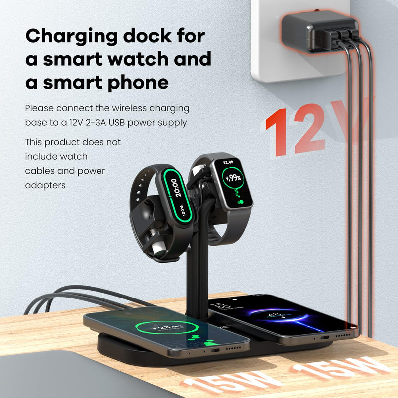 4-in-1 Dual iPhones Wireless Charging Dock and Dual iwatch Stand | Charger Stand for iPhone, for AirPods/Buds, for Samsung,for Galaxy Fit/Xiaomi Band/Amazfit Band/Fitbit Inspire HR(433-B) A433SW-Black