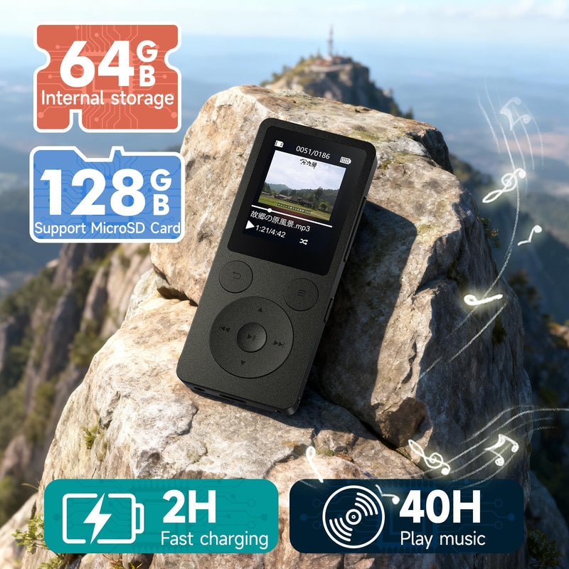 [AUSTRALIA] - 64GB MP3 Player with Bluetooth 5.3 Auto Reconnect, MP3 Music Player with Speaker, 1.8" Screen & Physical Buttons, Voice Recorder, FM Radio, 40H Battery Life, No WiFi, Support 128GB microSD Card Black 