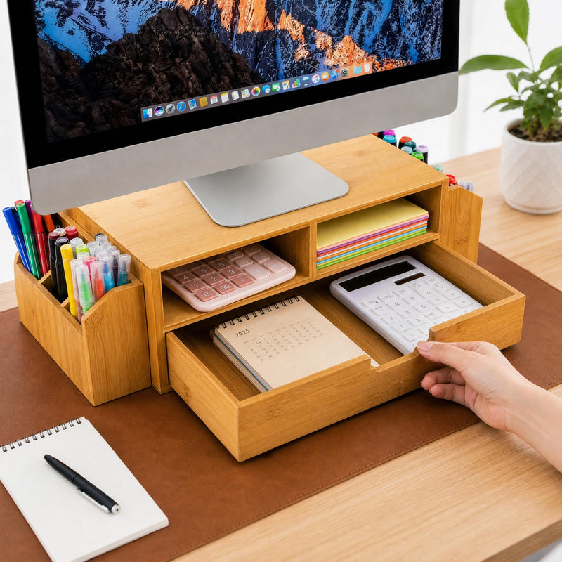 Hiceeden 2 Tier Bamboo Desktop Organizer, Desk Monitor Stand Riser with 1 Drawer and 2 Pen Holder, 2 Compartment Computer Desk Storage Organizer for Laptop, Printer