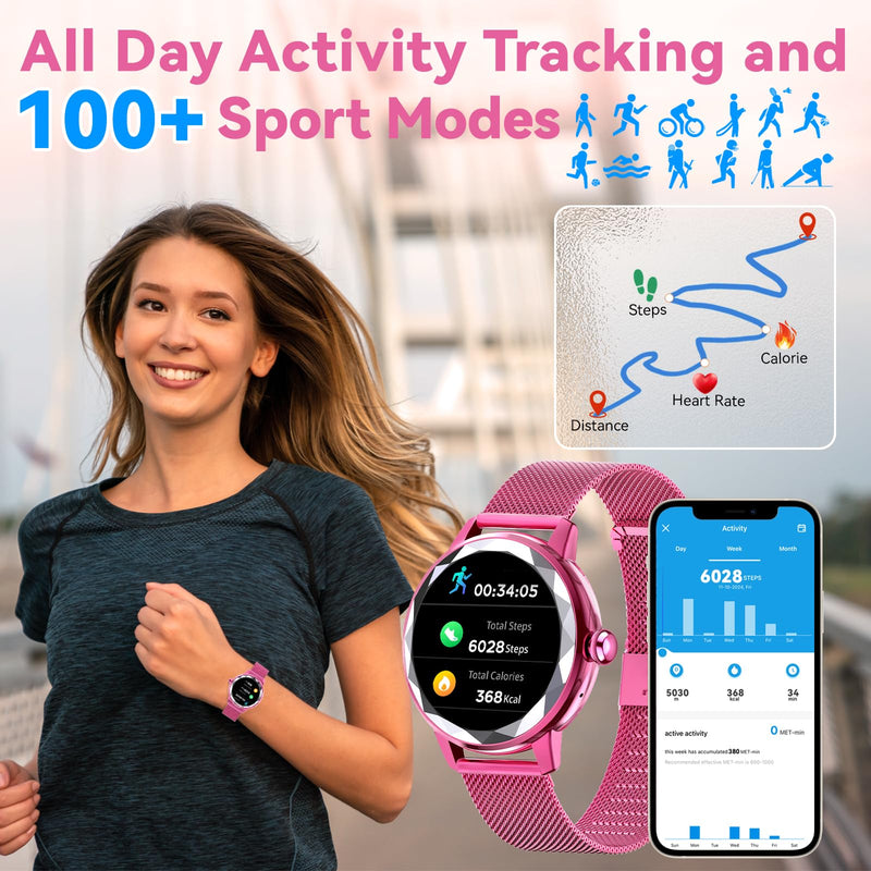 Smart Watch for Women, 1.2" Display 100+ Sports, IP68 Waterproof | Fitness Tracker with Heart Rate, Sleep & Female Cycle, Adjustable Fit, iOS & Android Compatible, W02-Rose Pink