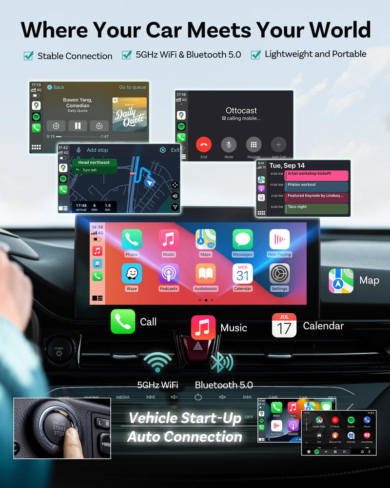 OTTOCAST Mini Edge 2-in-1 Wireless CarPlay & Android Auto Adapter 2026 | Aluminum Body,GPS Passthrough,Auto Reconnect,Plug & Play,iPhone & Android,Seamless Calls,Music & Navigation,Factory Controls