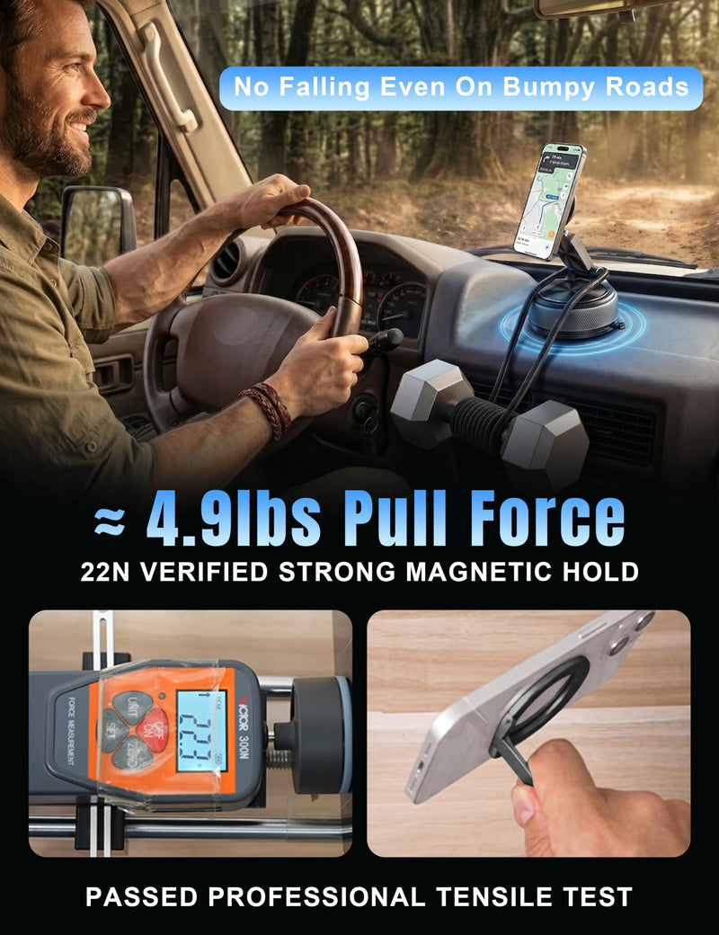 Magnetic Car Phone Mount 2-in-1 Detachable Ring Grip & Windshield Dashboard Vacuum Suction Phone Stand Finger Ring Kickstand Holder for Magsafe Compatible with iPhone 17 16 15 Pro Max Android Black & Gunmetal Gray