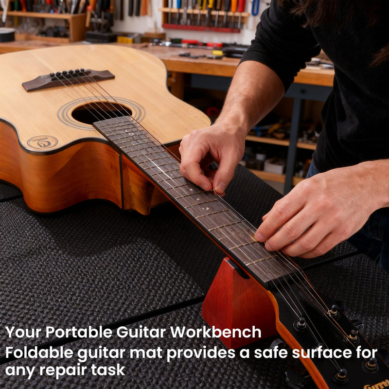 MABOZOO Foldable Guitar Work Mat and Wooden Neck Rest, 0.5 Inch Thick Guitar Repair Mat and Support for Repair, Repair and Maintenance Kit Tool for Guitar Bass, Acoustic, Banjo Mandolin Ukulele