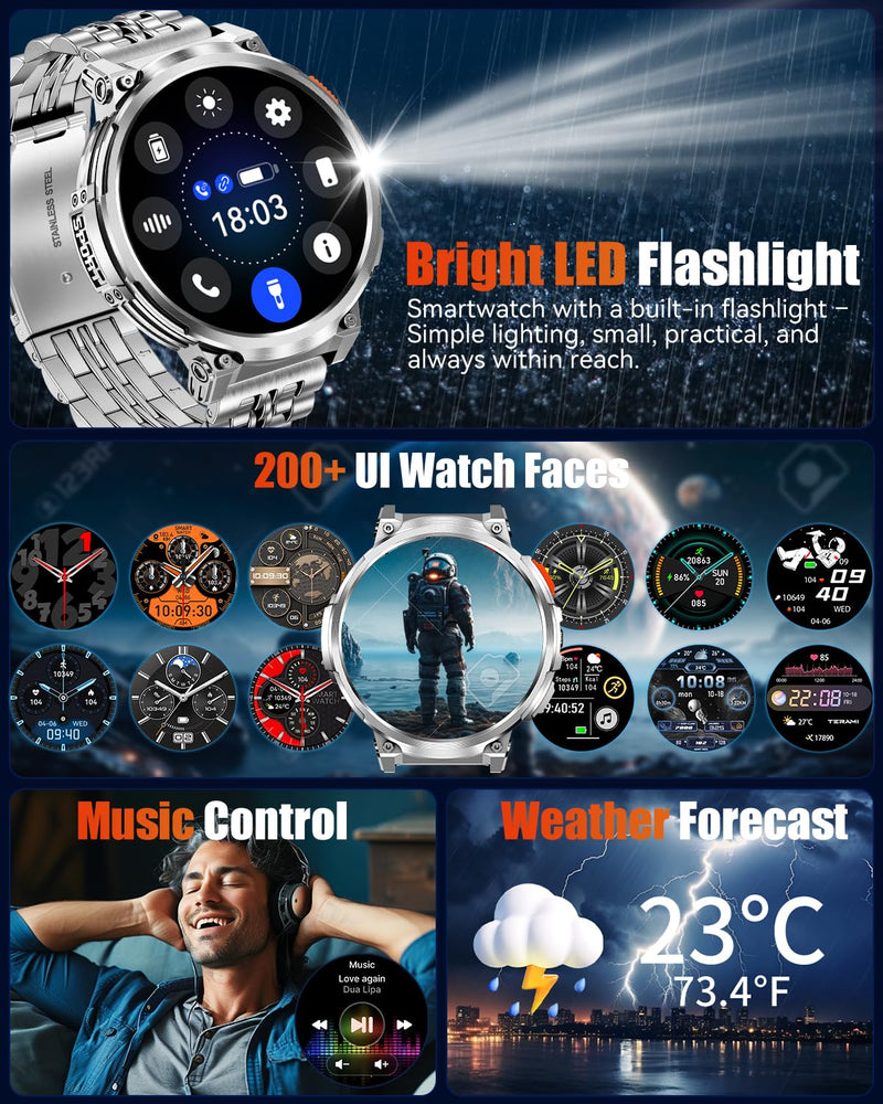 Military Smart Watch for Men, Flashlight, 1.85" Big Screen, 930mAh Battery | AMOLED Display, Bluetooth Calling, 2 Bands, IP68 Waterproof, 114 Sports Modes, Fitness Tracker, Android & iPhone Compatible