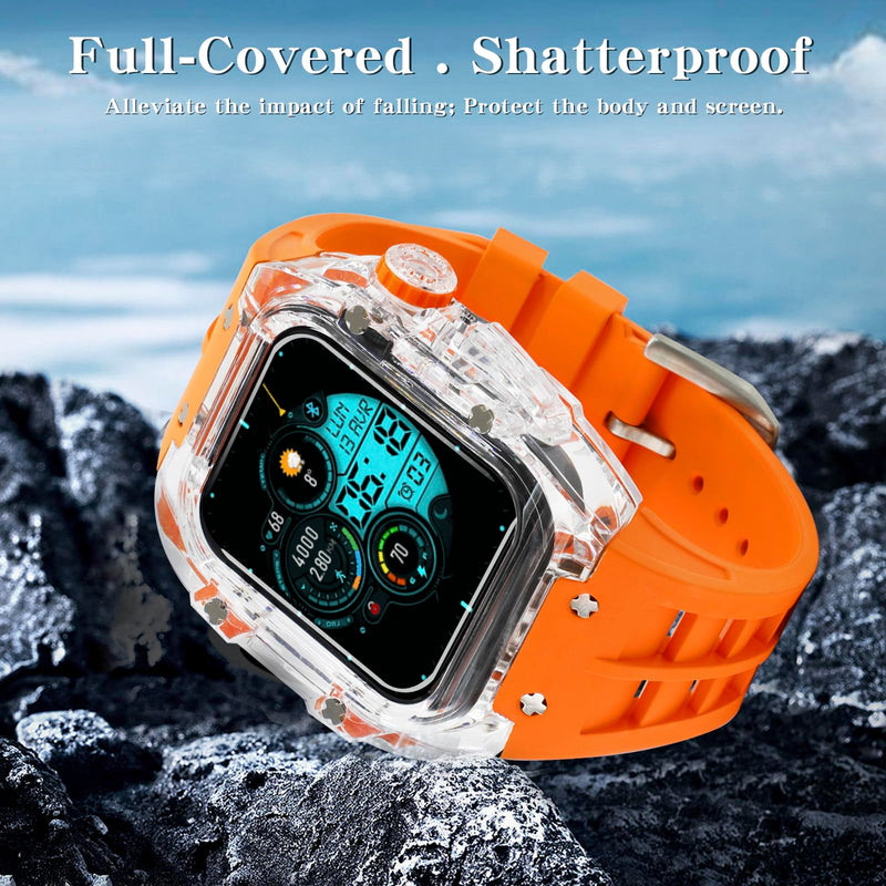 Luxury Transparent Case with Fluororubber Band for Apple Watch 45mm, Crystal Clear Full Protection for iWatch Series 9/8/7 TRN+Orange Pin