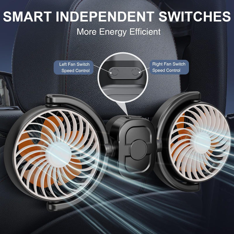 Dealswin Rechargeable Car Fan for Back Seat, Battery and USB Dual Power Car Fans for Baby Kids, Powerful 3 Speeds 360° Rotatable Dual Head Cooling Car Seat Fan Large
