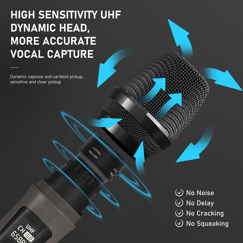 Wireless Microphones, Professional Dual Karaoke Microphones, Wireless Dynamic Microphone System Set with Rechargeable Receiver for Home Party, Speech, Wedding, Church, PA System Red