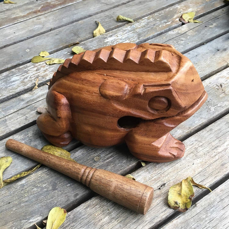 Large 7" Wood Frog Guiro Rasp Percussion Instrument Tone Block Frog Animal Shaped Figurine Wooden Handcraft Musical Lucky Frog Home Office Decoration (Tan) Tan