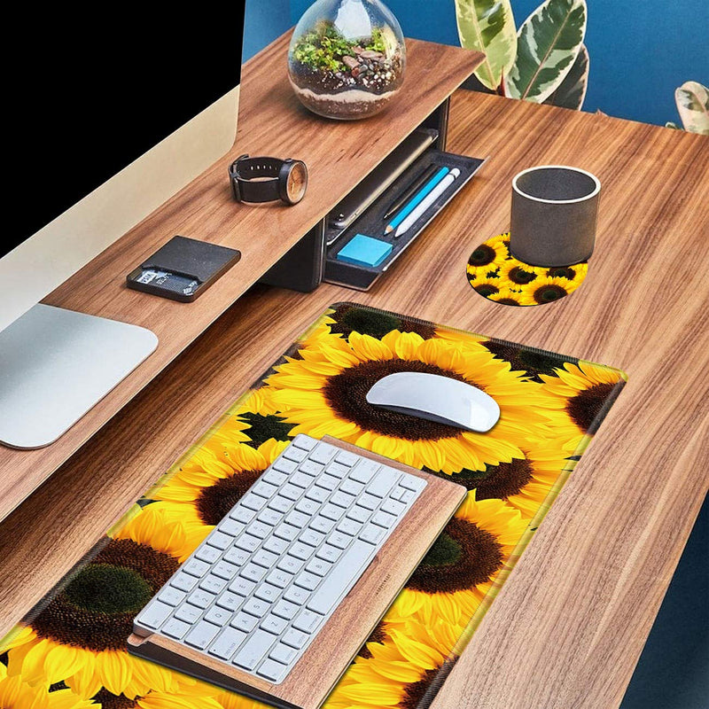 Large Gaming Mouse Pad Non-Slip Keyboard Pad Soft Extended Desk Mat Desktop Writing Pad (31.5"×11.8") with Yellow Sunflower Design for Home & Office + Cup Coaster and Cute Stickers