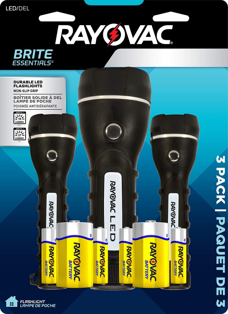 [AUSTRALIA] - Rayovac LED Flashlight 3 Pack, Rubber Grip Flash Light Set with Batteries Included - Perfect for Power Outages, Emergency Situations, Camping, Hiking, Dog Walking (3 Pack) 