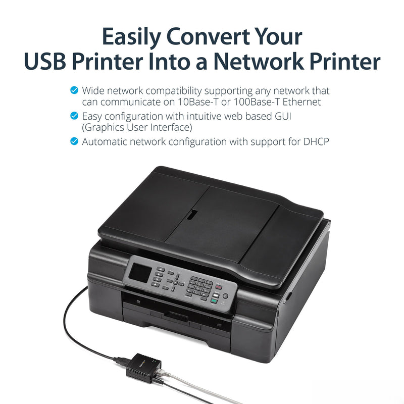 StarTech 1-Port USB 2.0 Network Print Server, 10/100Mbps, TAA (PM1115U2) | Network Print Server, Wired Ethernet LAN USB 2.0 Adapter, 10/100Mbps USB Print Server