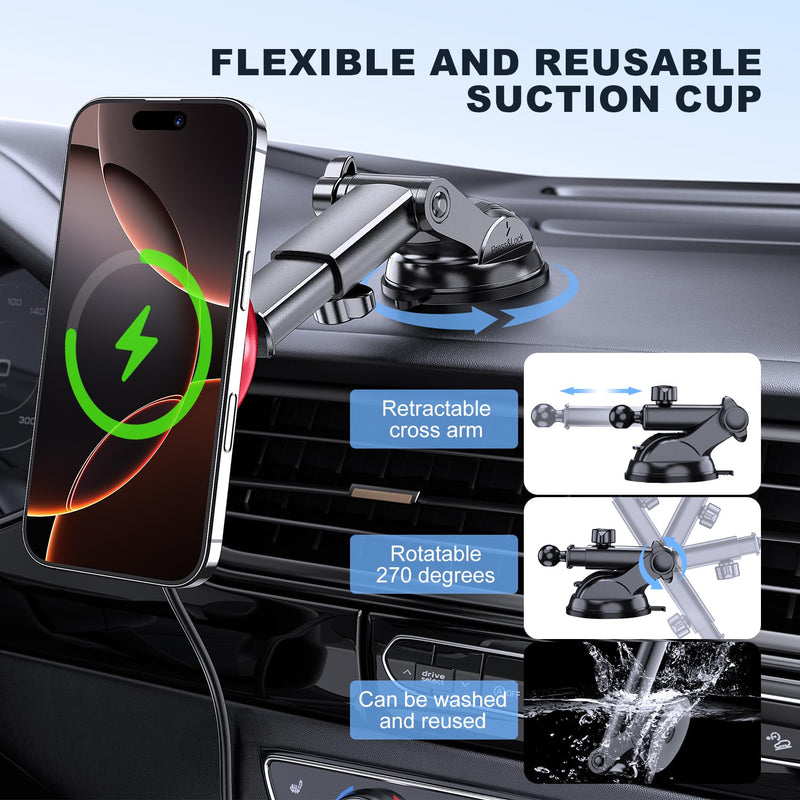for Mag-Safe Car Mount Charger Dash Windshield Vent Magnetic Phone Holder | Wireless Car Charger with LED Light Car Phone Holder for iPhone 17 16 15 14 13 12 Series for MagSafe Red