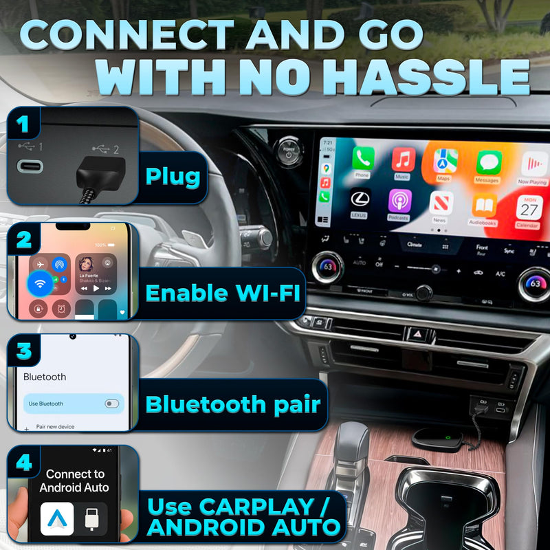Wired to Wireless Adapter for Car Compatible with Apple CarPlay - Wireless Car Adapter with Internet, Easy Plug & Play - Updated 2025, Works with iOS 10+ & Android11+ that Support Bluetooth Connection