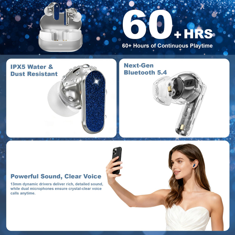 Wireless Earbuds, Jewelry Wireless Headphones with Active Noise Cancellation, Anniversary & Birthday Gifts for Women/Girls/Wife, in-Ear Bluetooth 5.4 Earphones Clear Calls - Blue Black gold sand