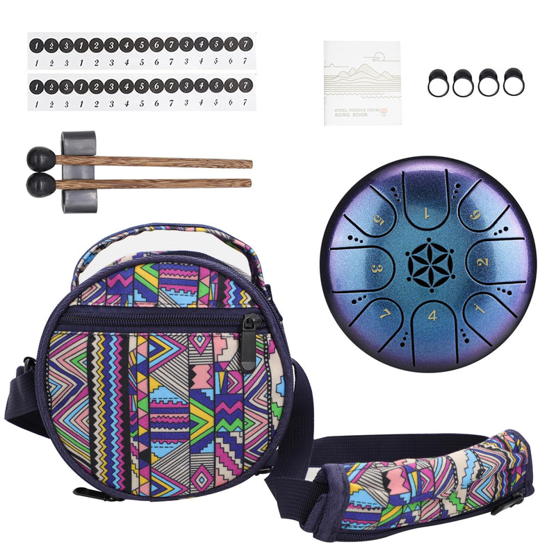 Rayzm Titanium Steel Tongue Drum with a Carry Bag, 5 Inches (13cm) 8 Notes Diatonic Scale Handpan Tank Drum Kit, Portable C-Key Percussion Instrument. Blue