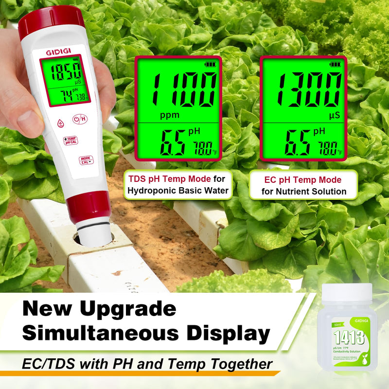 [AUSTRALIA] - pH Meter for Hydroponic Water,Digital EC ppm Tester for Nutrients,pH TDS Reader 4 in 1 with 1413 μs/cm Calibration Solution,High-Sensitivity Backlit Display for Drinking Water,DWC,Indoor Plants 4 in 1 pH Meter with Calibration Solution 