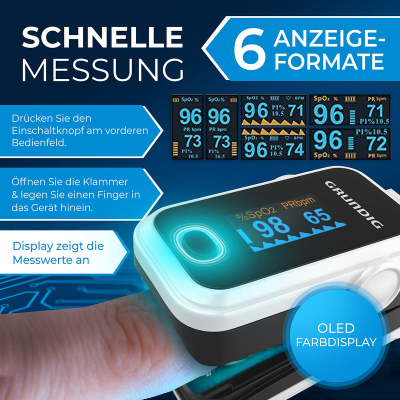GRUNDIG Pulse Oximeter Oxygen Saturation Oximeter Test Winner - High Precision Finger Oximeter Meter for Accurate Measurement of Oxygen Saturation in the Blood - Finger Measuring Device Pulse Monitor White