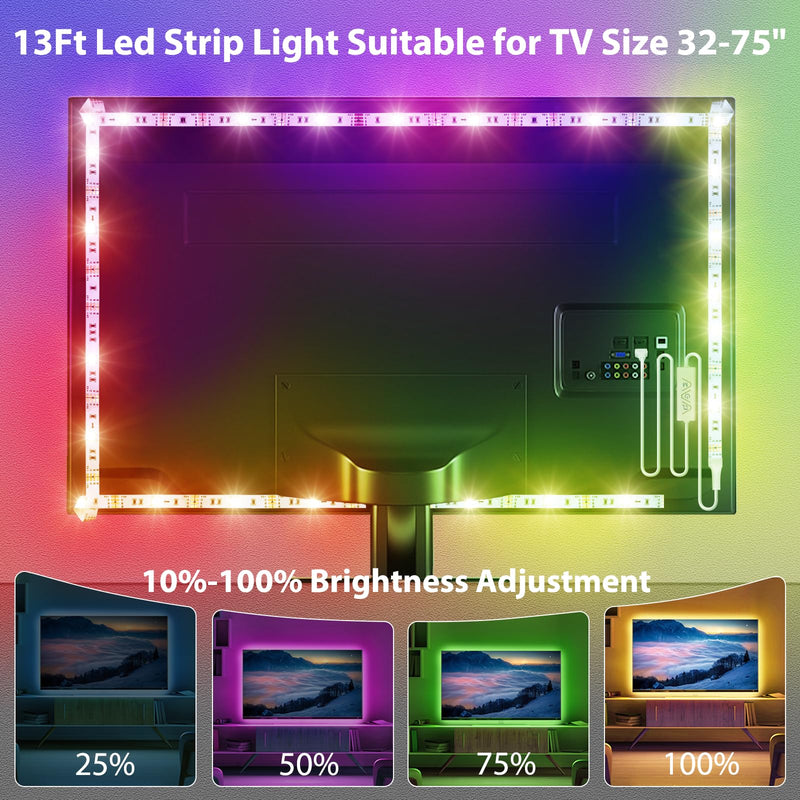 HOUHUI LED Strip Lights, 13.12Ft RGB LED Lights for 32-65 Inch TV Behind, Music Sync App Control LED Strip for TV Backlight, USB Plug-in Bias LED Lights for Bedroom Monitor PC Game Cabinet Desk Shelf