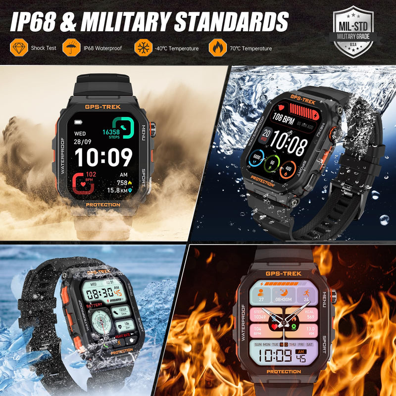 Military Smart Watches for Men Built-in GPS with Bluetooth Call 1.75" HD | Rugged Tactical Smartwatch Big Screen IP68 Waterproof Fitness Tracker Watch with Heart Rate Sleep Monitor for iPhone Android Black-orange