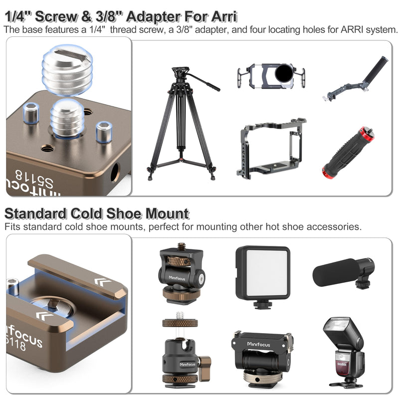 MINIFOCUS Cold Shoe Mount(4 Pcs), 1/4"-20 Screw with Locating Pins Compatible for ARRI Standard Mounting Points, with 3/8"-16 Adapter for Camera Cage Flash LED Monitor Microphone Sienna 4 PCS
