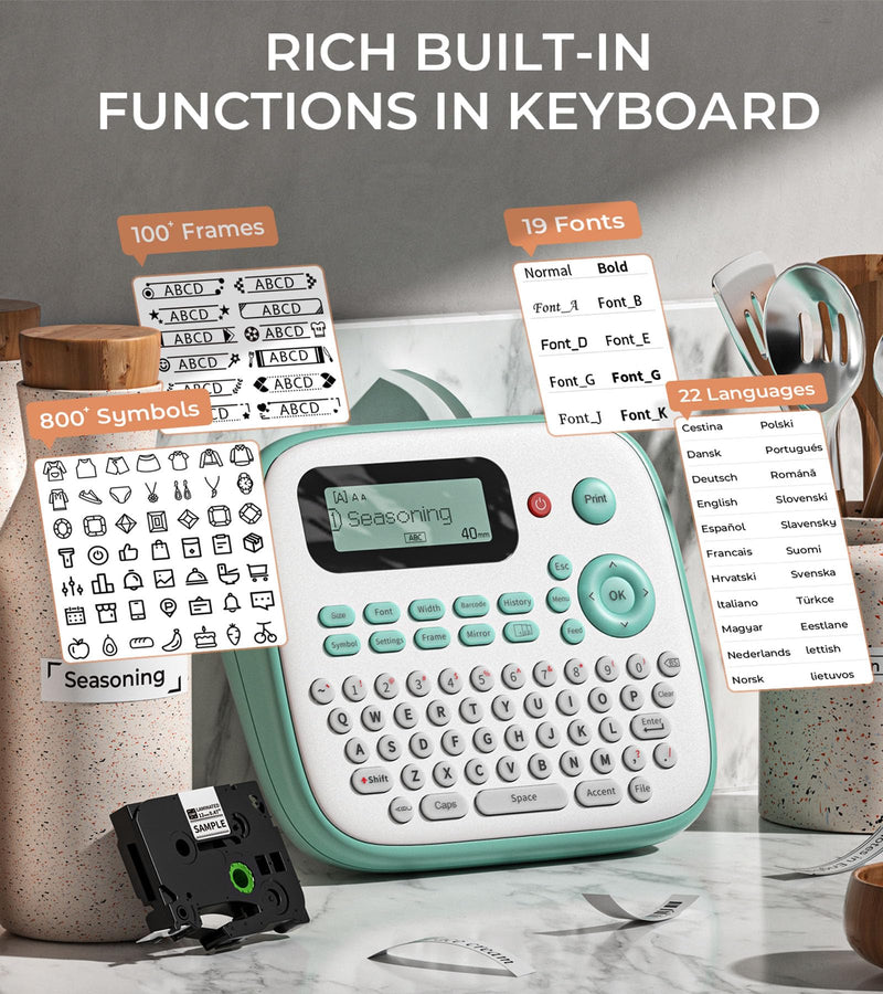 [AUSTRALIA] - Label Maker Machine with Tapes, D210S Label Maker with Keyboard, Handheld Labeler Machine with-Tape 12mm 0.47 Laminated White, Multiple Symbols for Home Office School Kids Use Green 