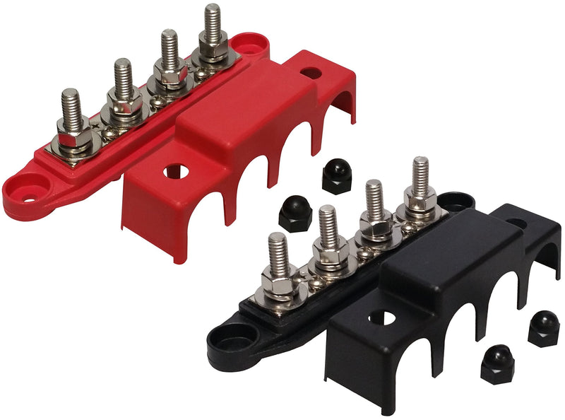 (Red & Black) 5/16" 4 Stud Bus BAR Power Distribution Block - Made in The USA - for Marine Battery Terminals, 12v Power and Ground Distribution Blocks - Terminal Block for Battery Terminals - BusBar Red & Black 5/16" - Pair