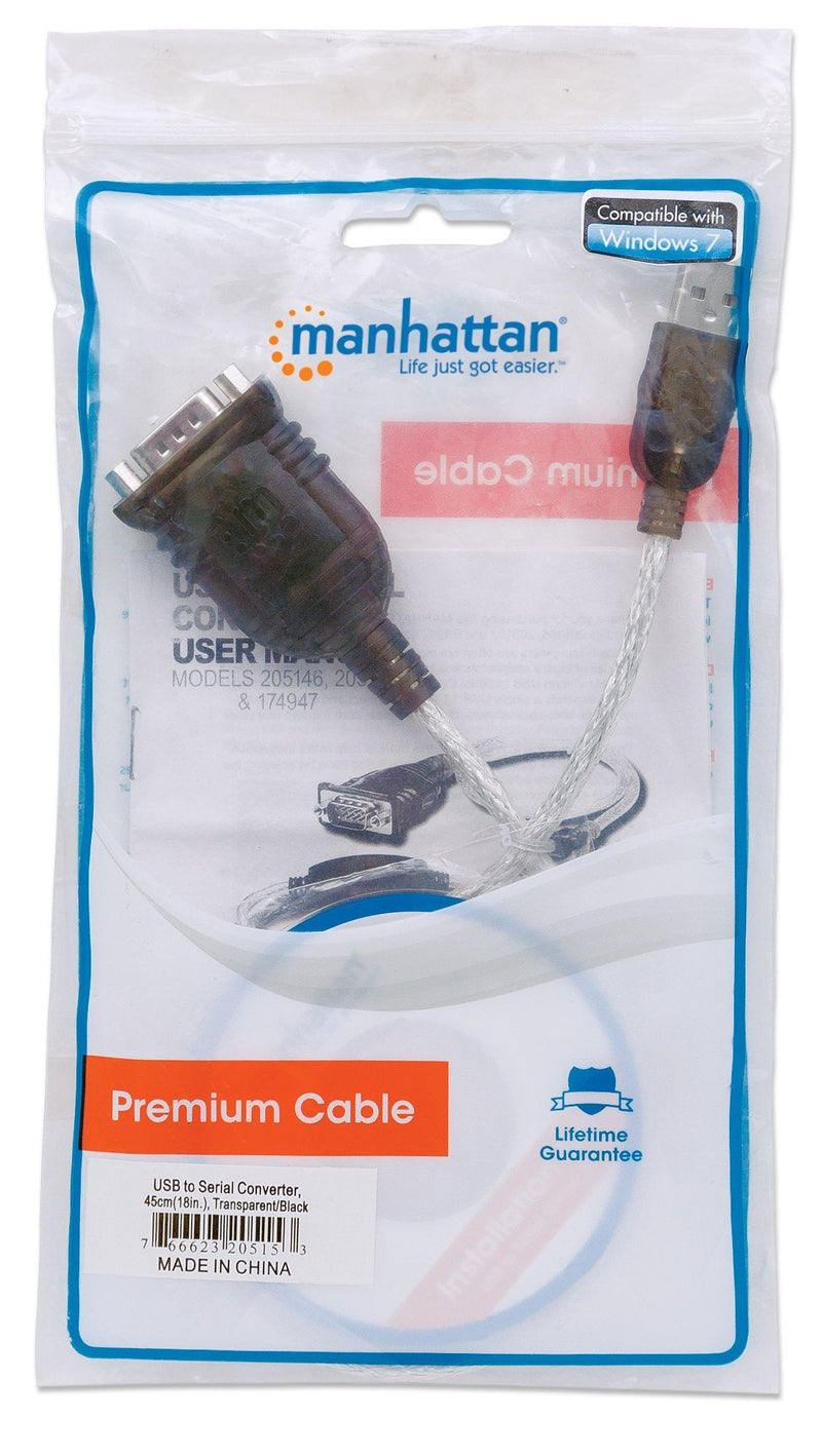 Manhattan USB to RS232 Serial Adapter Converter – Long 18 Inch Cable Cord, 24 AWG - Connects Serial Device to a USB Port, FTDI Chipset, Compatible with Window, Linux, Mac – 3 Year Mfg Warranty–205153 Prolific PL-2303RA 0.45 m