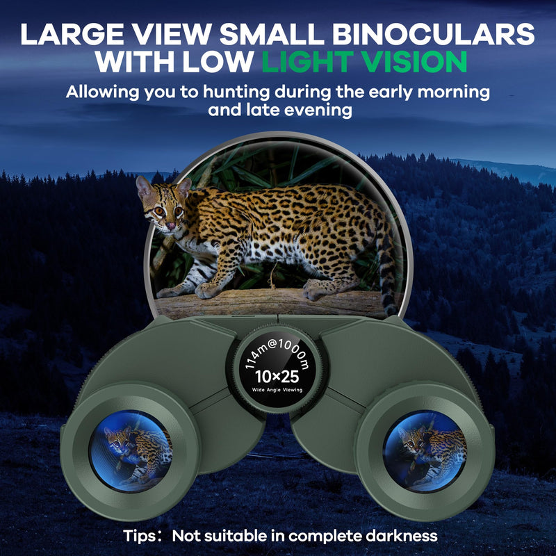 [AUSTRALIA] - Leacco 10x25 Compact Binoculars for Adults and Kids, Large View Waterproof Small Binoculars with Low Light Vision BAK4 Prism FMC Lens for Cruise Ship Bird Watching Travel Hunting, Military Green 