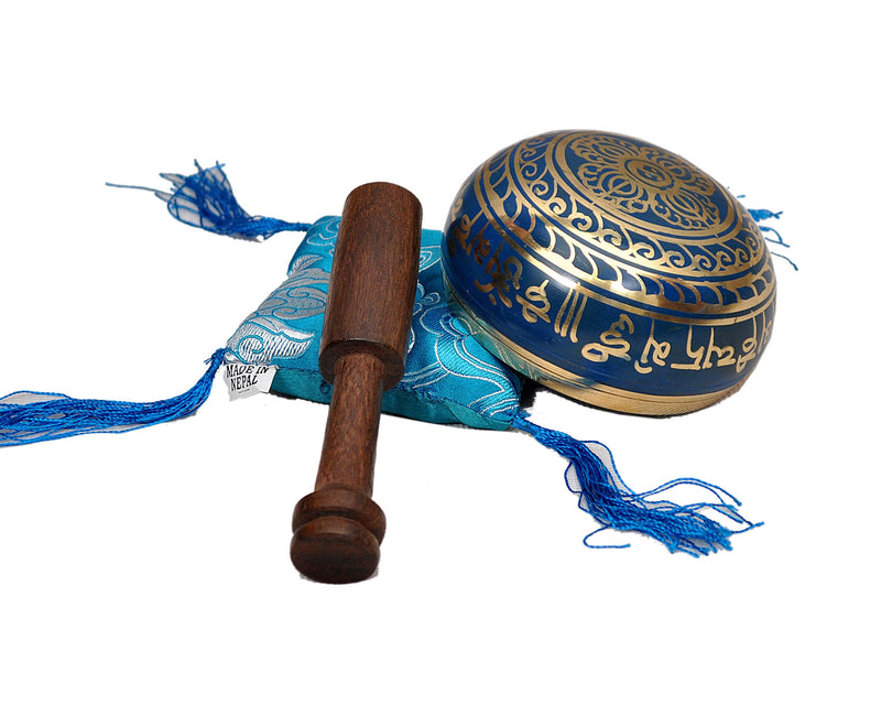 Tibetan Singing Bowl Set By Dharma Store - With Traditional Design Tibetan Buddhist Prayer Flag - Handmade in Nepal (Blue) Blue