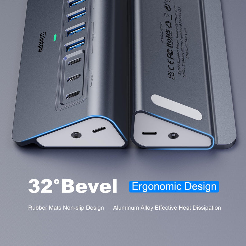 Powered USB Hub 10Gbps, intpw YH6AC 9-Port USB Splitter with USB A/USB C 3.2, 4 USB 3.0, 2 PD 45W Charging Ports, 65W Power Adapter + 3.3FT Cable, Aluminum USB Extender Hub for Laptop, PC,iPhone 17/16 Gray 9 Port