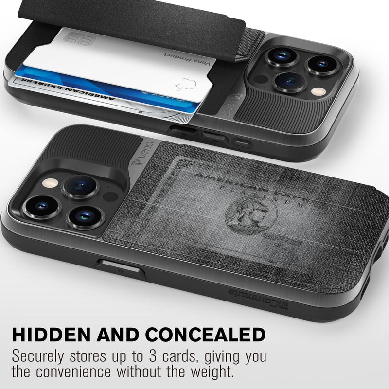 VENA vCommute Wallet Case Compatible with Apple iPhone 15 Pro (6.1"), (Military Grade Drop Protection) Flip Leather Cover Card Slot Holder with Kickstand - Space Gray/Slate Black Space Gray / Slate Black