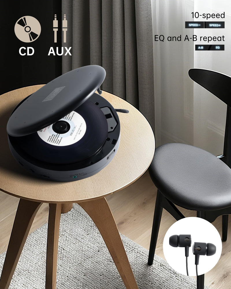 [AUSTRALIA] - CD Player Portable with Speakers - Rechargeable Personal CD Player for Car and Home, Small Fabric Music Player with Backlit Display, Anti-Skip, AUX/USB Port - Ideal for Audiobooks & Gifts Black 
