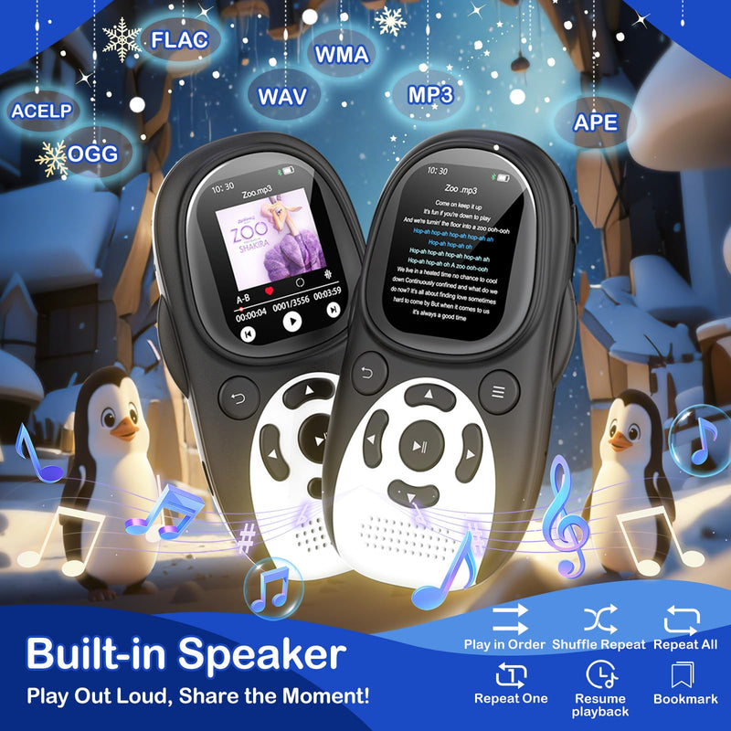 64GB Cute Penguin MP3 Player with Bluetooth 5.3 & Speaker, Portable Music Player for Kids, 2" Screen, 65-Hour Battery Life, FM Radio, Voice Recorder, Volume Limit, Supports 128GB microSD Card